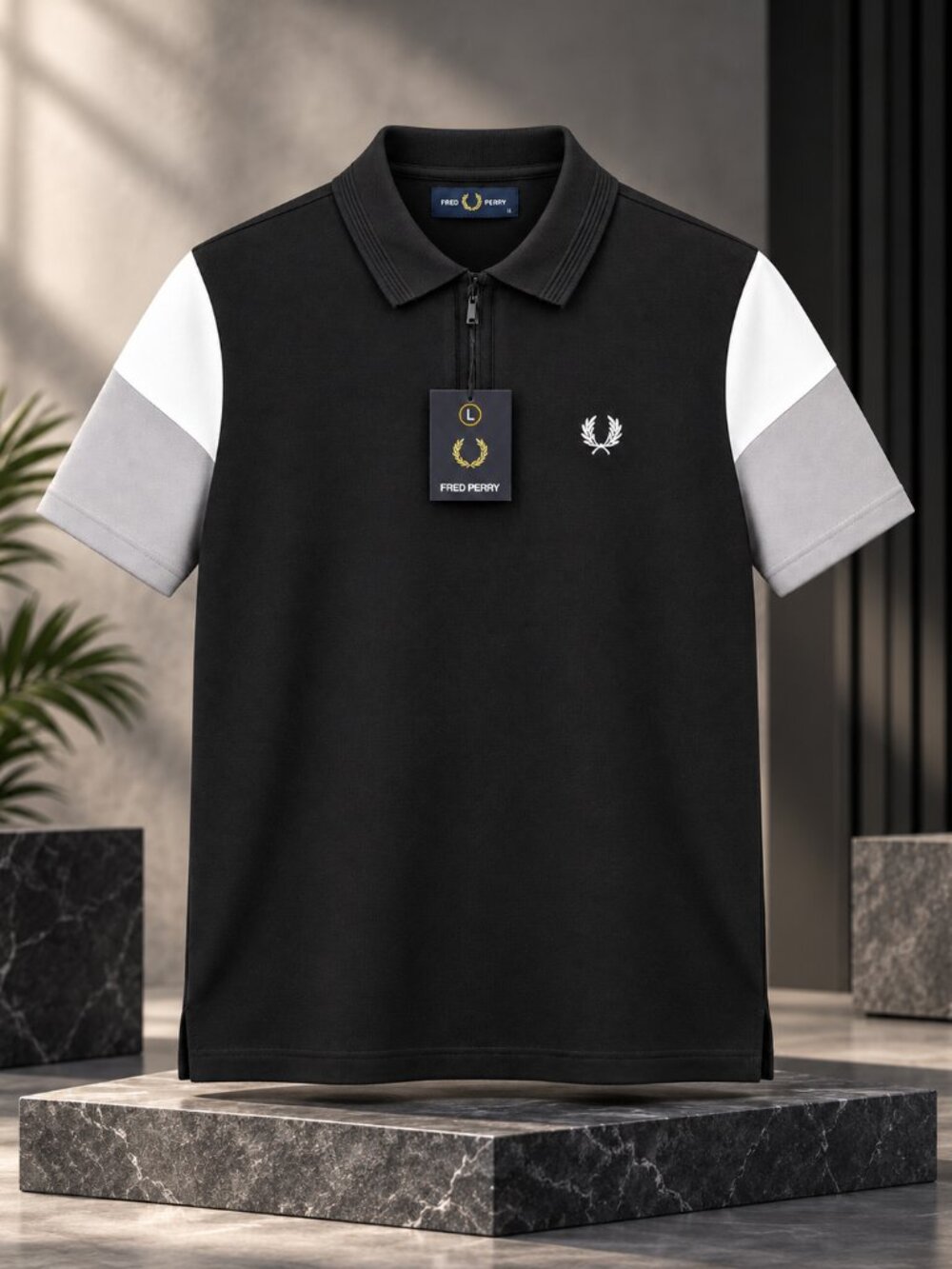 Fred Perry Men's Black White Grey Colourblock Zip Polo Shirt Size L NWT